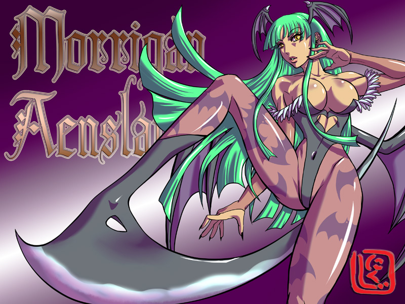 1girl animal_print aqua_hair bare_shoulders bat_print bat_wings boots breasts bridal_gauntlets capcom cleavage covered_navel darkstalkers demon_girl eyelashes female_focus fighting_stance head_wings heel_blade hime_cut large_breasts leotard long_hair morrigan_aensland nikuji-kun pantyhose patterned_legwear print_pantyhose solo transformation weapon wings yellow_eyes