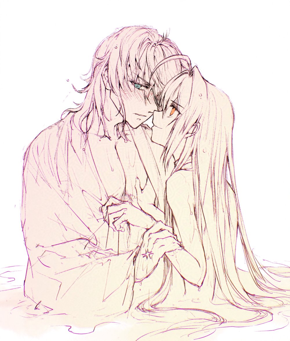 1boy 1other ahoge anger_vein blue_eyes blush face-to-face fate/grand_order fate/samurai_remnant fate_(series) hair_down hand_under_clothes japanese_clothes kimono long_hair medium_hair miyamoto_iori_(fate) mul1062363 orange_eyes other_with_male partially_colored simple_background smile topless_other upper_body wading water white_background yamato_takeru_(fate)