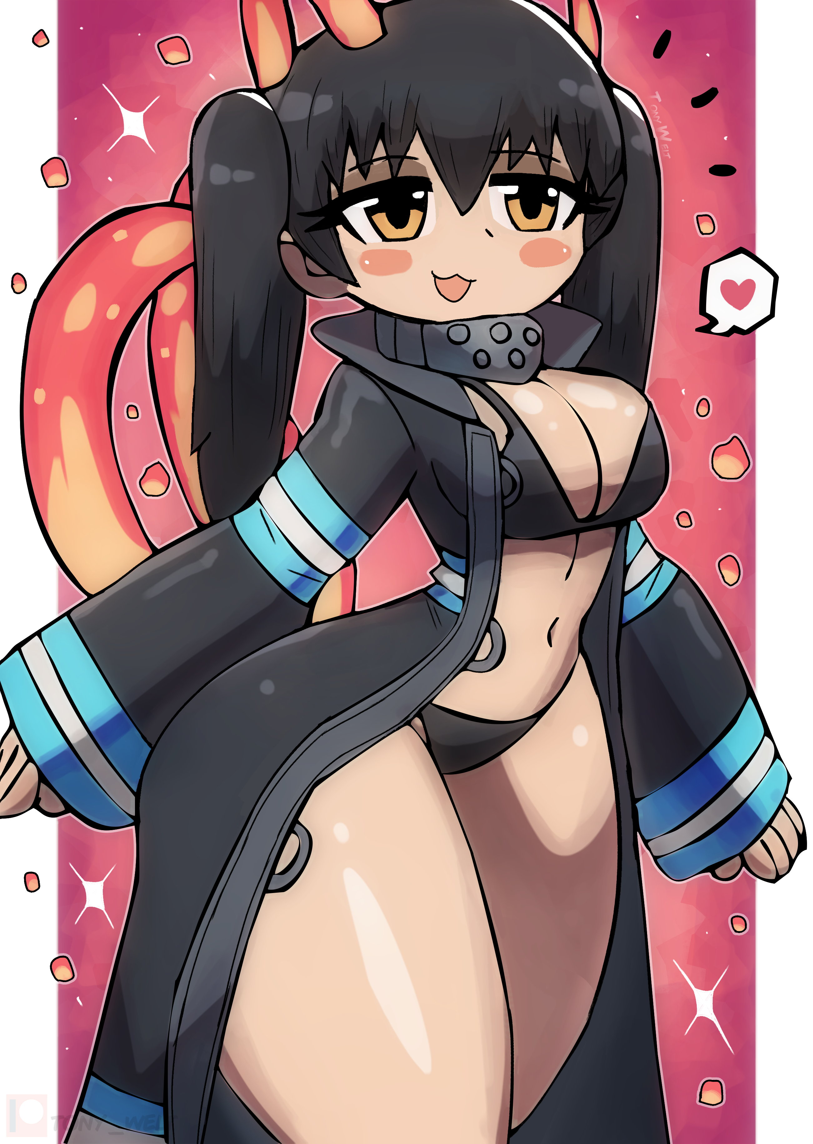 1girl :3 absurdres animal_ears bikini black_bikini black_hair black_jacket blush breasts cat_ears cat_girl cat_tail cleavage en'en_no_shouboutai fiery_ears fiery_tail fire firefighter_jacket heart highres jacket large_breasts long_hair long_sleeves multiple_tails navel open_clothes open_jacket open_mouth red_background smile sparkle speech_bubble spoken_heart standing swimsuit tail tamaki_kotatsu thick_thighs thighs tony_welt twintails wide_hips yellow_eyes