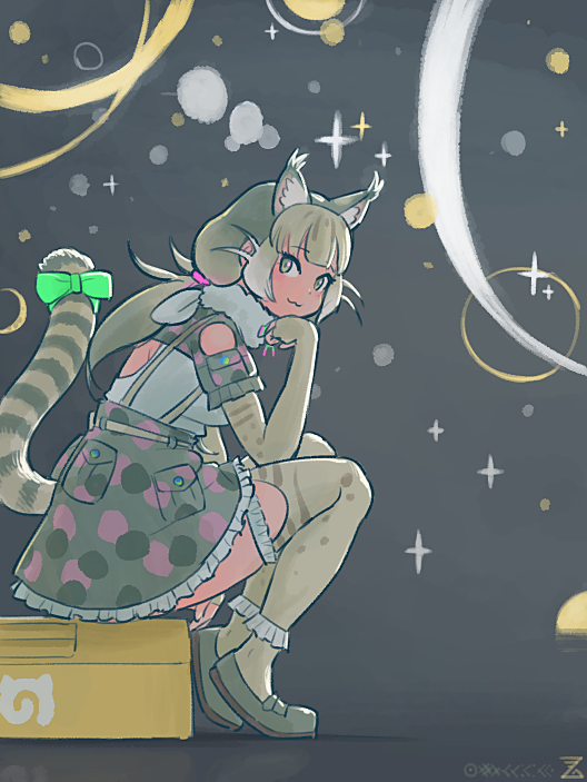 1girl :3 animal_ears animal_print blunt_bangs bow cat_ears cat_girl cat_print cat_tail elbow_gloves extra_ears fingerless_gloves frilled_skirt frilled_sleeves frilled_thighhighs frills fur_collar gloves green_bow green_eyes green_hair green_shoes high-waist_skirt imnim_leef japari_symbol jungle_cat_(kemono_friends) kemono_friends kemono_friends_v_project long_hair looking_at_viewer print_gloves print_skirt print_thighhighs shirt shoes short_sleeves sidelocks sitting skirt solo tail tail_bow tail_ornament thighhighs twintails white_shirt zettai_ryouiki