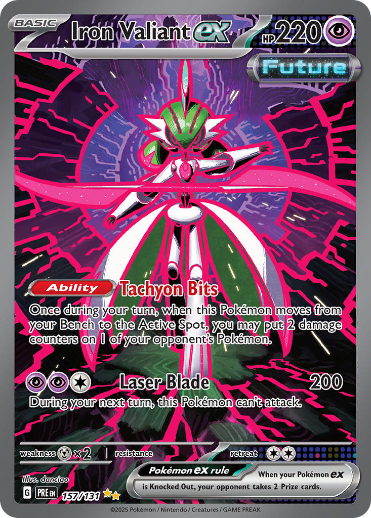 artist_name black_sclera card_(medium) character_name colored_sclera company_name copyright_name copyright_notice dannoura_yuuki debris english_text full_body iron_valiant nintendo official_art outline pink_eyes pink_outline pokemon pokemon_card pokemon_tcg robot solo third-party_source trading_card weapon