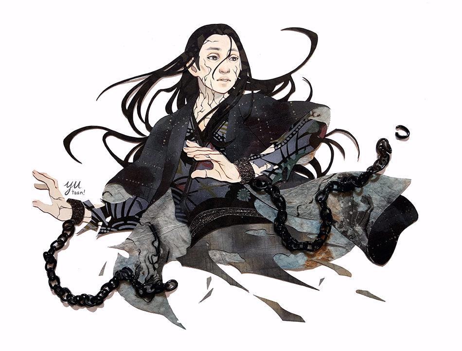 1boy black_eyes black_hair black_hanfu chain chinese_clothes commentary commission cropped_torso cuffs english_commentary frown hair_between_eyes hands_up hanfu layered_clothes long_hair male_focus modao_zushi nervous paper_cutout_(medium) papercraft_(medium) parted_lips photo_(medium) print_robe shackles signature simple_background solo torn_clothes unconventional_media upper_body veins veiny_face veiny_hands wen_ning white_background yutaan