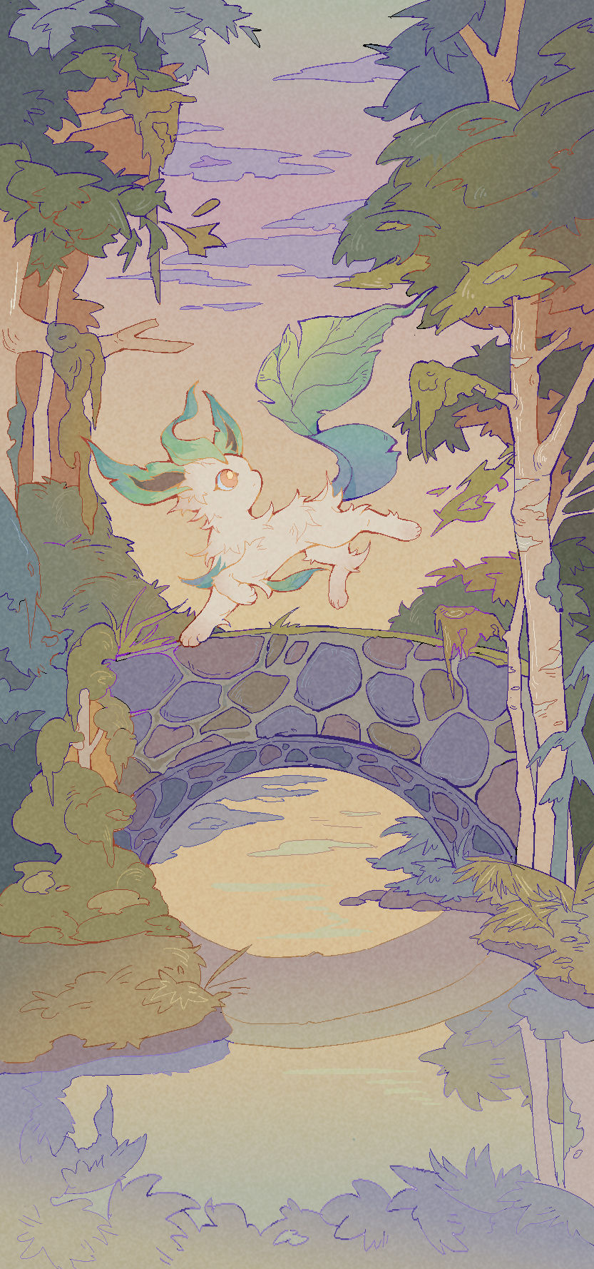 bridge bright_pupils cloud commentary from_side gen_4_pokemon grass highres leafeon litong994 looking_back nintendo no_humans outdoors pokemon pokemon_(creature) pokemon_focus reflection river sky solo symbol-only_commentary tree twilight water