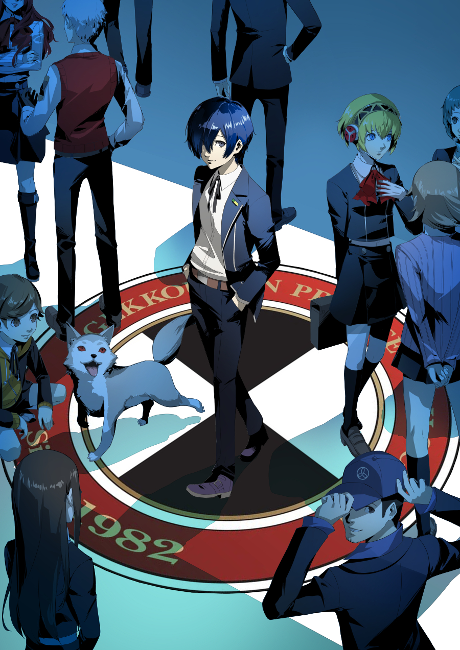 5girls 6+boys adjusting_clothes adjusting_headwear aigis_(persona) amada_ken arms_behind_back arms_up baseball_cap belt black_eyes black_footwear black_gloves black_hair black_jacket black_pants black_ribbon black_shorts black_skirt black_socks blazpu blonde_hair blue_eyes blue_hair blue_hat blue_shirt boots bow bowtie brown_belt brown_eyes brown_footwear brown_hair cardigan closed_mouth collared_shirt crossed_arms dog drawstring fushimi_chihiro gekkoukan_high_school_uniform gloves green_hair grin hair_over_one_eye hairband hand_on_own_chest hand_on_own_hip hands_in_pockets hat highres hood hoodie iori_junpei jacket kirijou_mitsuru knee_boots kneehighs koromaru_(persona) loafers long_hair long_sleeves looking_at_another looking_at_viewer looking_back multiple_boys multiple_girls neck_ribbon open_clothes open_jacket orange_hoodie own_hands_together pants parted_lips persona persona_3 pink_cardigan red_bow red_bowtie red_hair red_vest ribbon sanada_akihiko school_uniform shirt shoes short_hair shorts skirt smile socks squatting standing takeba_yukari vest walking white_hair white_shirt yamagishi_fuuka yuuki_makoto_(persona_3)