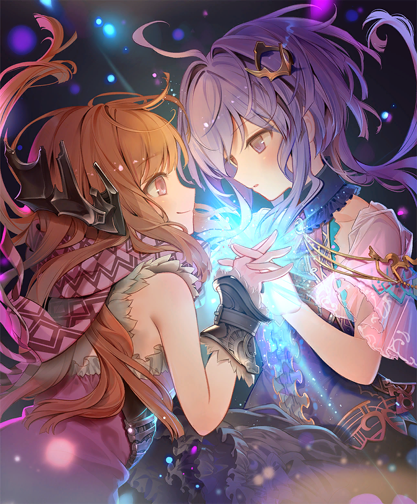 2girls blue_dress brown_hair cape crown dress hair_ornament looking_at_another lucille_(shingeki_no_bahamut) multiple_girls non-web_source pink_cape pink_dress purple_hair scarf shadowverse shingeki_no_bahamut spinaria_(shingeki_no_bahamut)