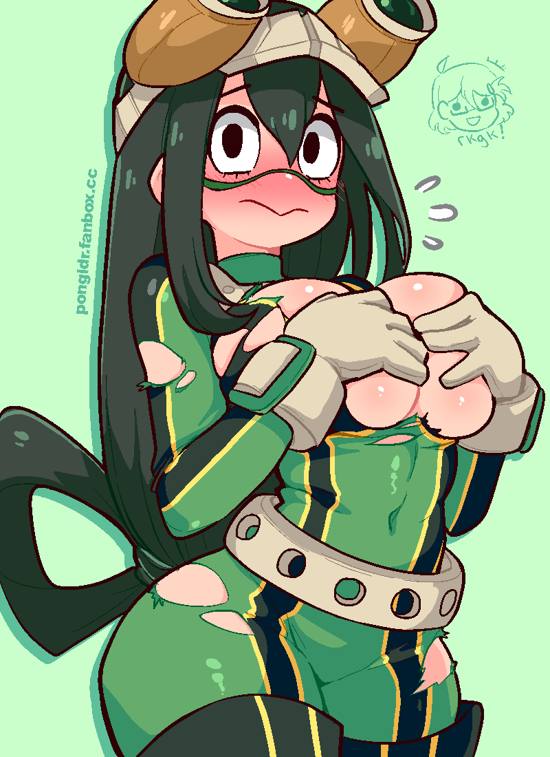 1girl :&gt; alternate_breast_size_(larger) asui_tsuyu black_eyes blush bodysuit boku_no_hero_academia bow-shaped_hair breasts breasts_out closed_mouth covered_navel covering_breasts covering_privates cowboy_shot fanbox_username flying_sweatdrops gloves goggles goggles_on_head green_background green_bodysuit green_hair grey_gloves large_breasts long_hair looking_at_viewer pongldr solo torn_bodysuit torn_clothes watermark web_address
