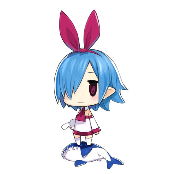 1girl blue_hair blush chibi disgaea expressionless final_fantasy flat_chest full_body hair_over_one_eye hairband harada_takehito original parody pleinair pointy_ears red_eyes same-san short_hair simple_background solo stuffed_animal stuffed_shark stuffed_toy style_parody thighhighs white_background world_of_final_fantasy
