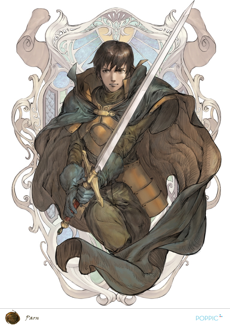 1boy armor bad_id bad_pixiv_id brown_eyes brown_hair cape character_name dieselburns elbow_gloves gloves knight looking_at_viewer male_focus official_art pants parn_(lodoss) parted_lips record_of_lodoss_war serious short_hair solo sword weapon