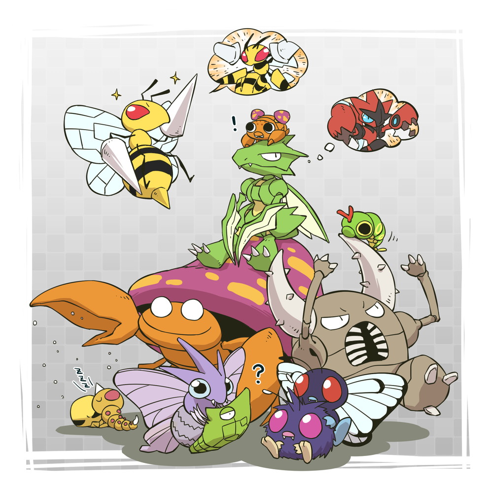 ! ? antennae bee beedrill bug butterfly butterfree caterpie claws commentary_request evolutionary_line fangs flying fuifui gen_1_pokemon gen_2_pokemon horns insect insect_wings kakuna mega_beedrill mega_pokemon mega_scizor metapod mushroom nintendo no_eyes no_humans open_mouth paras parasect pinsir pokemon pokemon_(creature) scizor scyther single_horn sleeping sparkle speech_bubble stinger thought_bubble venomoth venonat weedle wings zzz