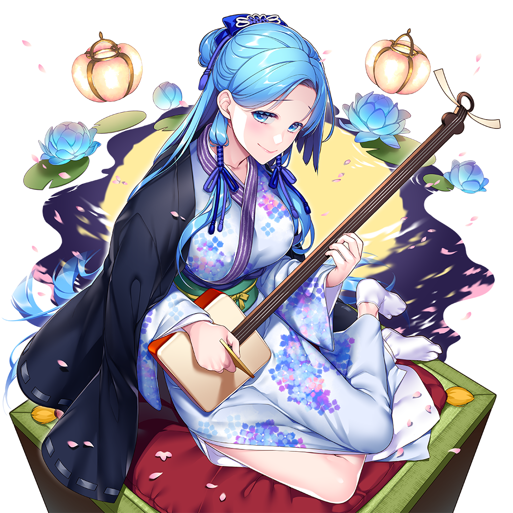 1girl alternate_costume alternate_hairstyle blue_eyes blue_flower blue_hair blue_kimono blue_ribbon blush bow breasts cherry_blossoms closed_mouth egasumi eyes_visible_through_hair floral_print flower food fruit full_body furisode giuniu hair_bow hair_bun hair_intakes hair_ornament hair_ribbon half_updo haori holding japanese_clothes jewelry kagami_mochi kimono kumoi_ichirin lantern large_breasts long_hair long_sleeves looking_at_viewer mandarin_orange nail_polish new_year no_shoes non-web_source obi parted_bangs petals pink_flower print_kimono purple_ribbon ribbon sash seiza sidelocks sitting smile socks solo tabi transparent_background uchi_no_hime-sama_ga_ichiban_kawaii very_long_hair vivienne_(uchi_no_hime-sama_ga_ichiban_kawaii) wide_sleeves