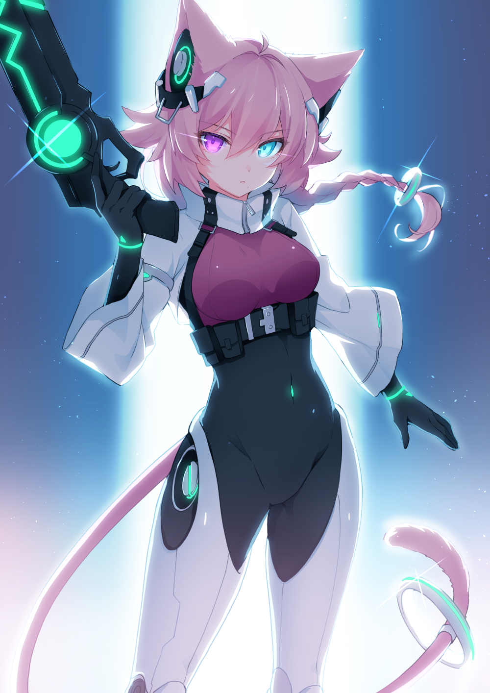 1girl animal_ears blue_eyes bodysuit braid braided_ponytail breasts buckle cat_ears cat_girl cat_tail commentary commission cowboy_shot cyber_fashion cybernetic cyberpunk glowing gun heterochromia highres holding holding_gun holding_weapon long_hair long_sleeves looking_at_viewer medium_breasts nikyuppa original pink_eyes pink_hair science_fiction single_braid skeb_commission tail weapon