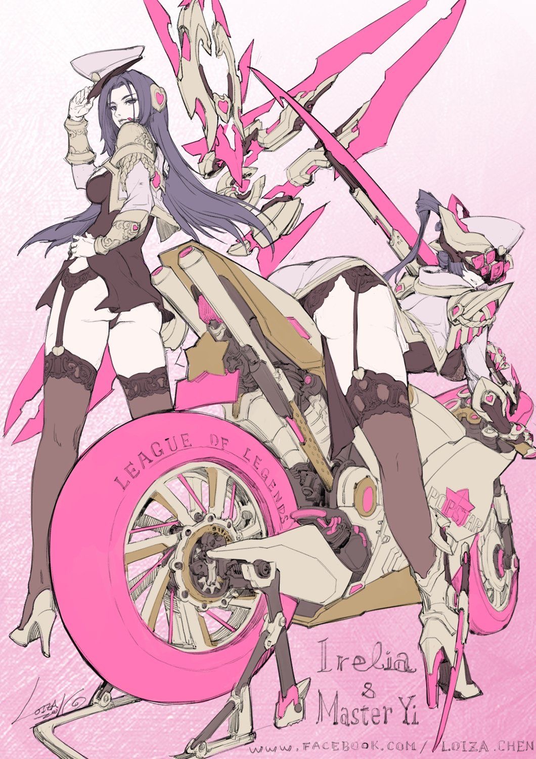 1girl 2girls ass genderswap genderswap_(mtf) ground_vehicle hat high_heels highres irelia league_of_legends lingerie long_hair master_yi motor_vehicle motorcycle multiple_girls panties tagme thighhighs underwear
