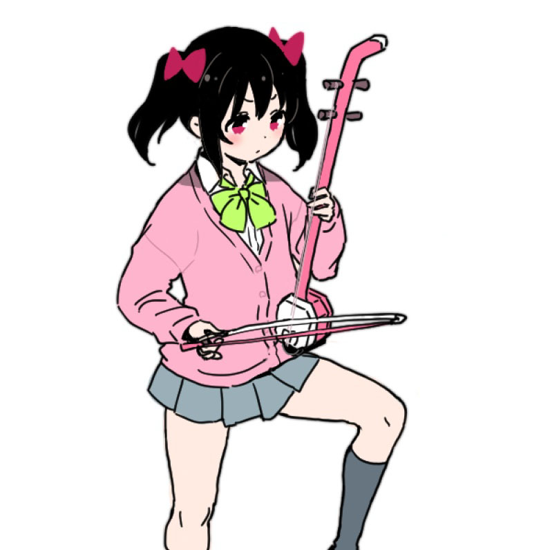 1girl black_hair blush bow bow_(music) bowtie captain_morgan_pose cardigan closed_mouth collared_shirt commentary dress_shirt english_commentary feet_out_of_frame green_bow green_bowtie grey_skirt hair_bow holding holding_bow_(music) holding_instrument instrument long_sleeves love_live! love_live!_school_idol_project medium_hair miniskirt no_jacket otonokizaka_school_uniform pink_bow pink_cardigan pink_eyes pleated_skirt school_uniform shamisen shinanoya_(satanicad) shirt skirt sleeves_past_wrists solo twintails v-shaped_eyebrows white_background white_shirt yazawa_nico