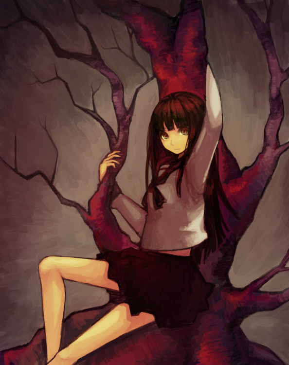 1girl bare_tree black_hair brown_eyes commentary_request expressionless haruhito_(divineshalt) long_hair looking_at_viewer original school_uniform serafuku sitting skirt solo tree