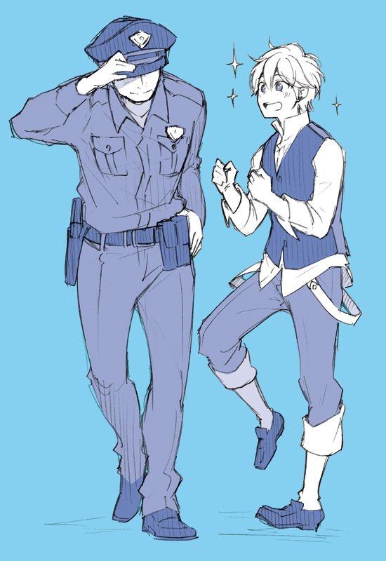 2boys adjusting_clothes adjusting_headwear blue_background disguise excited fate/strange_fake fate_(series) flat_escardos hand_on_headwear hat isshoku_(shiki) jack_the_ripper_(fate/strange_fake) long_sleeves looking_at_another multiple_boys open_mouth police police_uniform short_hair simple_background sleeves_rolled_up smile sparkle standing standing_on_one_leg vest