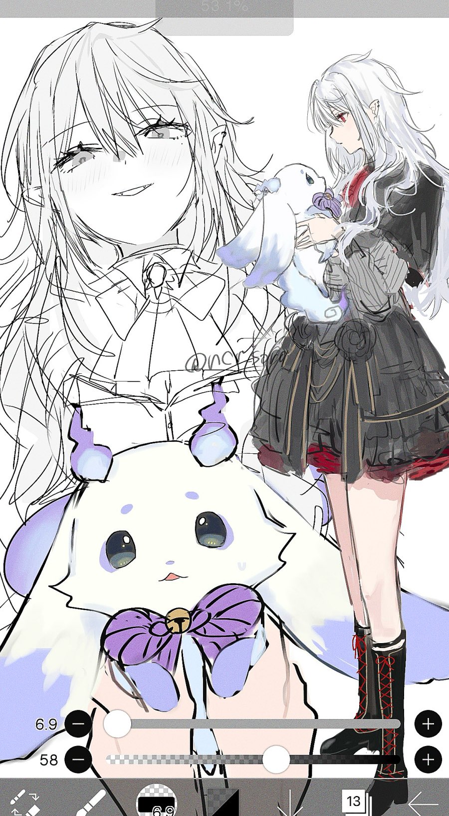 1girl animal art_program_in_frame artist_name bell black_capelet black_skirt blue_fire boots bow bowtie capelet carrying chibikemo closed_mouth colored_petticoat creature ear_piercing expressionless eye_contact eyeliner fangs female_pov fire floppy_ears from_below full_body genderswap genderswap_(mtf) green_eyes grey_shirt hands_up highres hikimayu holding holding_animal ibispaint ibispaint_(medium) jingle_bell knee_boots kuzuha_(nijisanji) lace-up_boots light_blush light_smile limited_palette long_hair long_sleeves looking_at_another lunlun_(nijisanji) makeup miniskirt multiple_piercings multiple_pov multiple_views neck_bell neck_ribbon nijisanji nokoru_sora open_mouth petticoat piercing pinstripe_pattern pinstripe_shirt pointy_ears pov profile purple_eyeliner purple_fire purple_rope red_eyes ribbon rope sanya_(kuzuha) shirt simple_background sketch skirt standing sweatdrop twitter_username virtual_youtuber white_background white_hair will-o&#039;-the-wisp_(mythology)