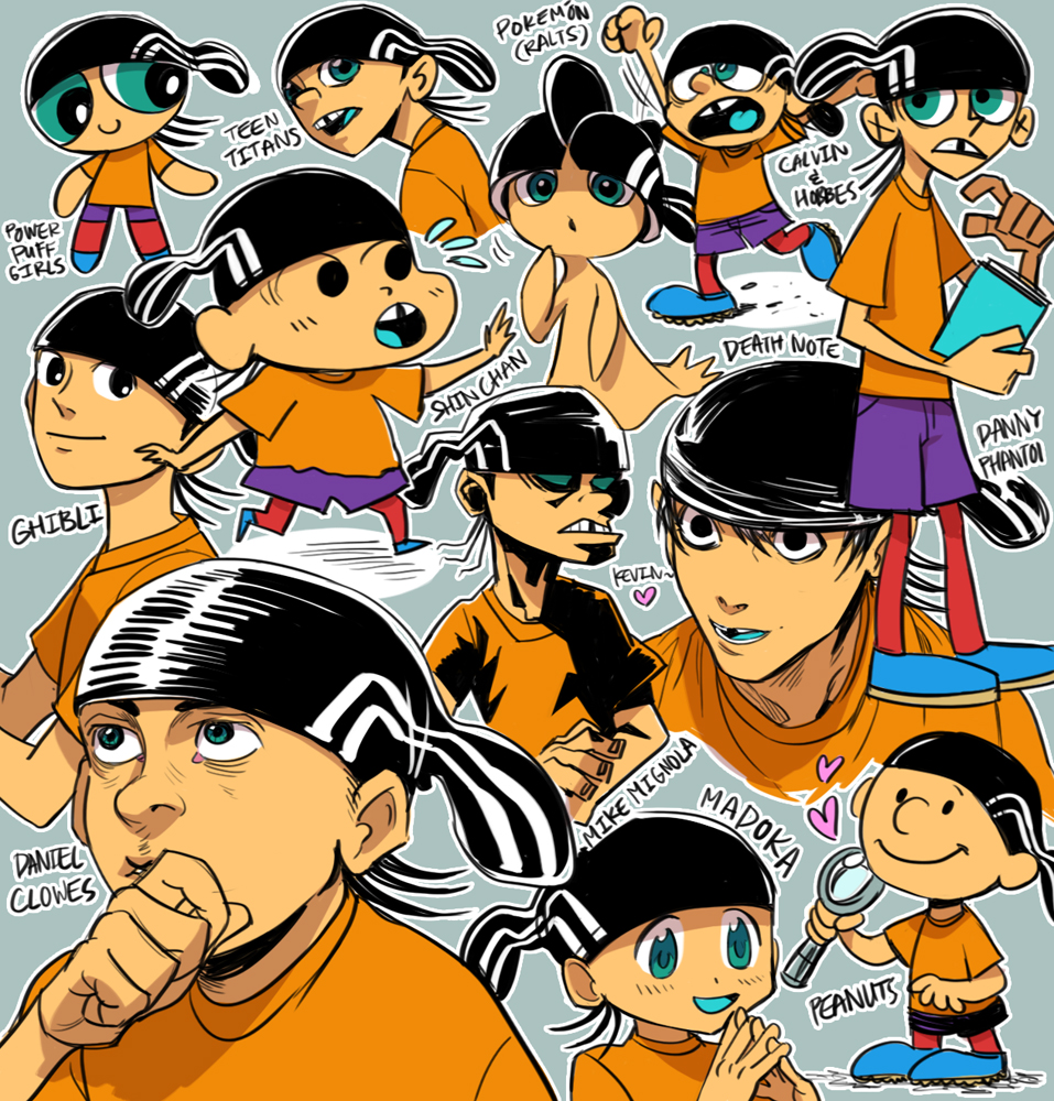 acid_(pixiv3855425) animification aqua_eyes bad_id bad_pixiv_id beanie black_hat book calvin_&amp;_hobbes character_name clenched_hands copyright_name crayon_shin-chan daniel_clowes_(style) dc_comics death_note ed_edd_n_eddy edd_(ed_edd_n_eddy) gen_3_pokemon grey_background hands_up hat heart holding holding_book holding_magnifying_glass magnifying_glass mahou_shoujo_madoka_magica mahou_shoujo_madoka_magica_(anime) male_focus mike_mignola_(style) missing_tooth multiple_boys multiple_persona multiple_style_parody nintendo orange_shirt parody peanuts_(comic) pokemon pokemon_(creature) powerpuff_girls ralts shirt shoes simple_background smile style_parody teen_titans walking