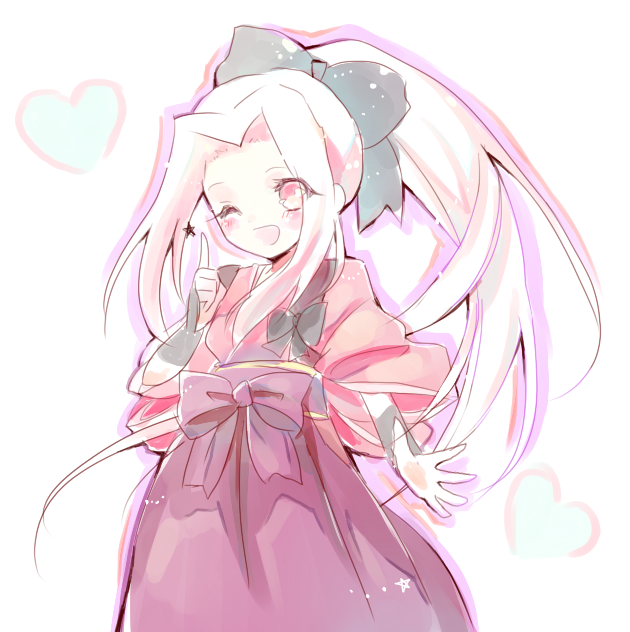 1girl ;d bad_id bad_pixiv_id bow fate/zero fate_(series) hair_bow instructor_iri irisviel_von_einzbern japanese_clothes long_hair mymel0v official_alternate_costume one_eye_closed open_mouth piano_(mymel0v) ponytail red_eyes smile white_hair wink
