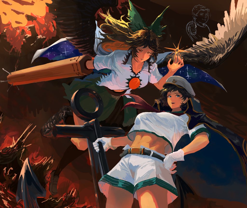 2girls anchor arm_cannon belt black_belt black_cape black_hair black_thighhighs blue_eyes bow breasts brown_hair brown_wings cape collared_shirt commentary_request control_rod_(touhou) cowboy_shot crop_top flying full_body gloves green_bow green_skirt hair_bow hat howah18 long_hair looking_at_viewer medium_breasts midriff multiple_girls murasa_minamitsu open_mouth peaked_cap print_cape reiuji_utsuho shirt short_hair short_sleeves shorts skirt smile stalagmite starry_sky_print sunken_fossil_world thighhighs touhou weapon white_cape white_gloves white_hat white_shirt white_shorts wings