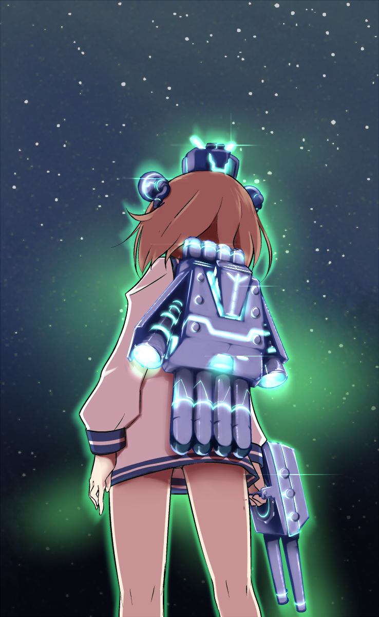 10s 1girl aoki_hagane_no_arpeggio brown_hair dress female_focus from_behind glowing gundam gundam_unicorn highres holding kantai_collection kneepits long_sleeves machinery nassukun night nt-d outdoors sailor_dress sky solo standing star_(sky) starry_sky white_dress yukikaze_(kancolle)