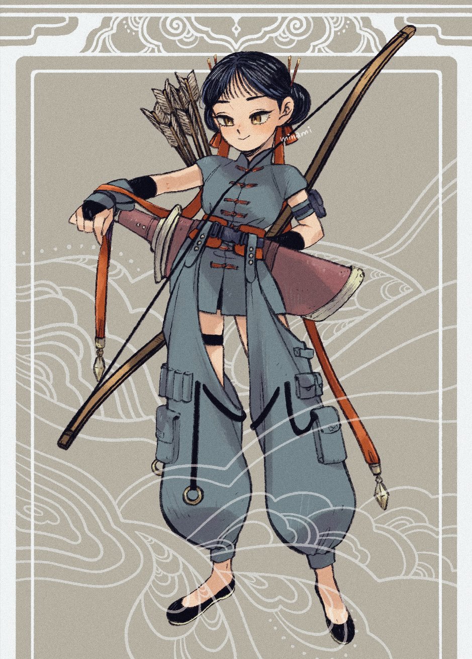 1girl archery_shooting_glove armlet arrow_(projectile) artist_name belt black_footwear black_hair bow brown_eyes double_bun dramatica dress eyeliner full_body gloves grey_dress hair_bun hair_ornament hair_ribbon hair_stick highres jewelry light_smile makeup original partially_fingerless_gloves red_ribbon ribbon sheath solo standing