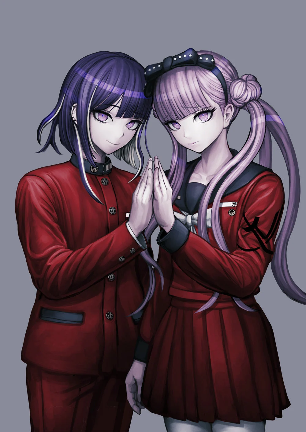 badge black_hairband button_badge ear_piercing emblem frown gakuran hairband highres komatsuzaki_rui light_smile looking_at_viewer official_art piercing pink_eyes pink_hair purple_hair red_serafuku sailor_collar school_uniform second-party_source serafuku siblings simple_background the_hundred_line_-last_defense_academy- tsukumo_ima tsukumo_kako twins twintails