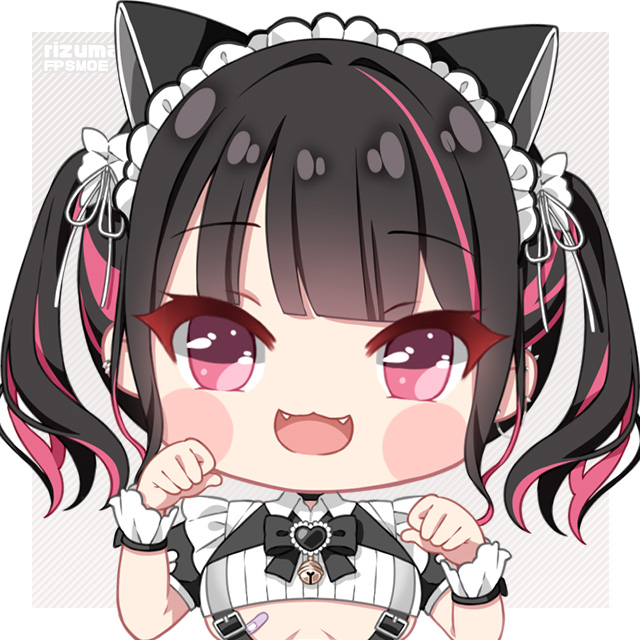 1girl animal_ears artist_name bandaid bandaid_on_breast bell black_hair black_ribbon blunt_bangs blush_stickers breasts cat_ears chibi commentary cropped_shirt ear_piercing fangs fpsmoe frills grey_background hair_ribbon hands_up heart indie_virtual_youtuber jingle_bell large_breasts looking_at_viewer maid_headdress multicolored_hair no_nose open_mouth piercing pink_eyes pink_hair puffy_short_sleeves puffy_sleeves ribbon rikotan_(vtuber) shirt short_sleeves smile solo streaked_hair twintails underboob upper_body virtual_youtuber white_ribbon white_shirt