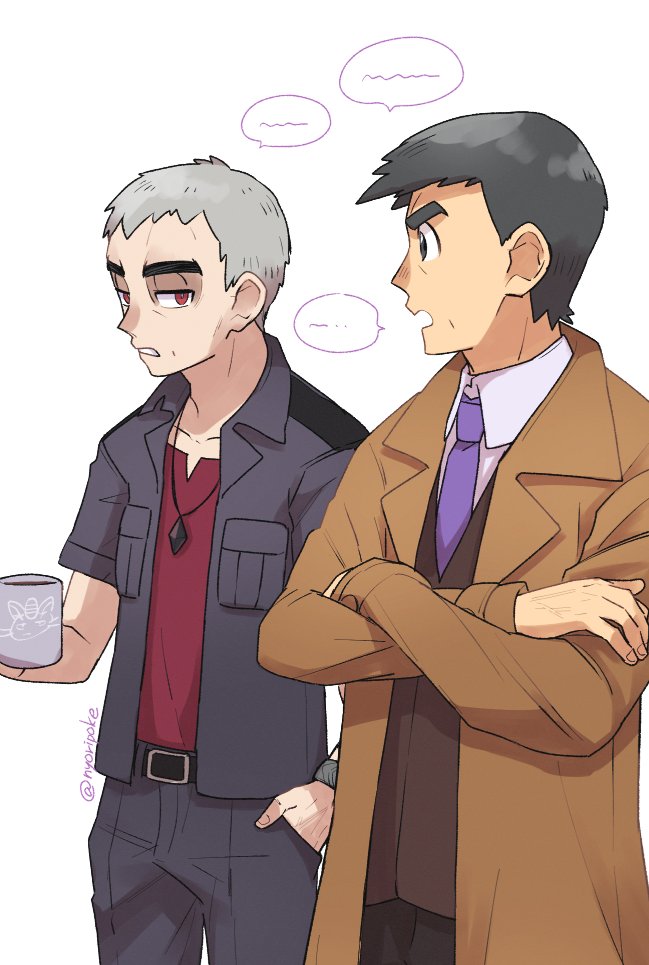 2boys belt black_hair black_jacket brown_coat brown_vest clenched_teeth coat collared_shirt commentary_request crossed_arms cup grey_hair hand_in_pocket holding holding_cup jacket long_sleeves looker_(pokemon) male_focus mug multiple_boys nanu_(pokemon) necktie nintendo nyoripoke open_clothes open_coat open_jacket open_mouth pants pokemon pokemon_sm purple_necktie red_eyes red_shirt shirt short_hair short_sleeves speech_bubble teeth twitter_username vest white_background white_shirt