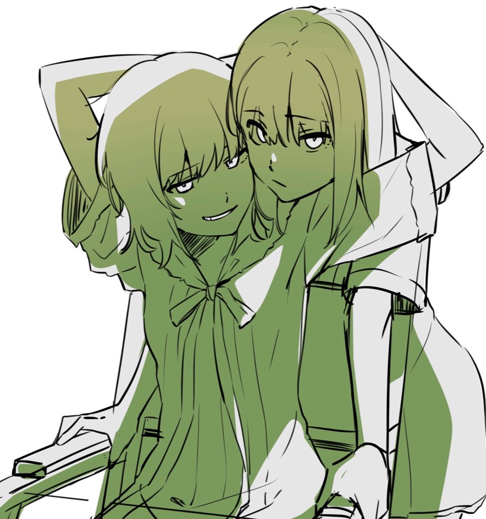 2girls arms_up flowers_(innocent_grey) green_theme grin hug monochrome multiple_girls school_uniform shishima_eichi short_hair short_sleeves smile takasaki_chidori wheelchair yaegaki_erika