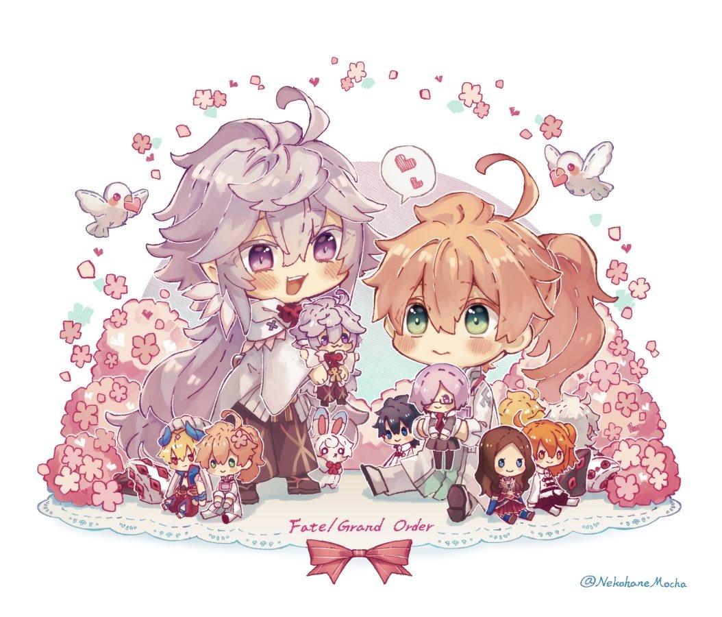 2boys :3 ahoge artist_name bird black_footwear black_pants blush bow character_doll chibi chibi_only closed_mouth coat colored_eyelashes copyright_name demon_pillar_(fate) doll earrings fate/grand_order fate_(series) flower flower_earrings fou_(fate) fujimaru_ritsuka_(female) fujimaru_ritsuka_(male) gilgamesh gilgamesh_(caster)_(fate) gilgamesh_(fate) gloves goetia_(fate) green_eyes grey_hair hair_between_eyes heart hood hood_down hooded_robe jewelry king_of_men_goetia_(fate) lab_coat lanyard leonardo_da_vinci_(fate) long_hair long_sleeves male_focus mash_kyrielight merlin_(fate) multiple_boys nekohanemocha open_mouth orange_hair outline pants pink_bow pink_flower ponytail purple_eyes robe romani_archaman shoes simple_background sitting smile solomon_(fate) spoken_heart standing striped_bow teeth twitter_username upper_teeth_only very_long_hair white_background white_bird white_coat white_footwear white_gloves white_outline white_robe wide_sleeves