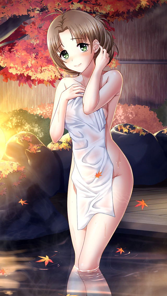 1girl antenna_hair autumn_leaves blush breasts brown_hair closed_mouth collarbone covering_privates doukyuusei_(series) doukyuusei_2 doukyuusei_another_world game_cg green_eyes leaf looking_at_viewer maple_leaf medium_breasts night nude_cover official_art onsen outdoors sideboob smile solo standing sugimoto_sakurako towel wading