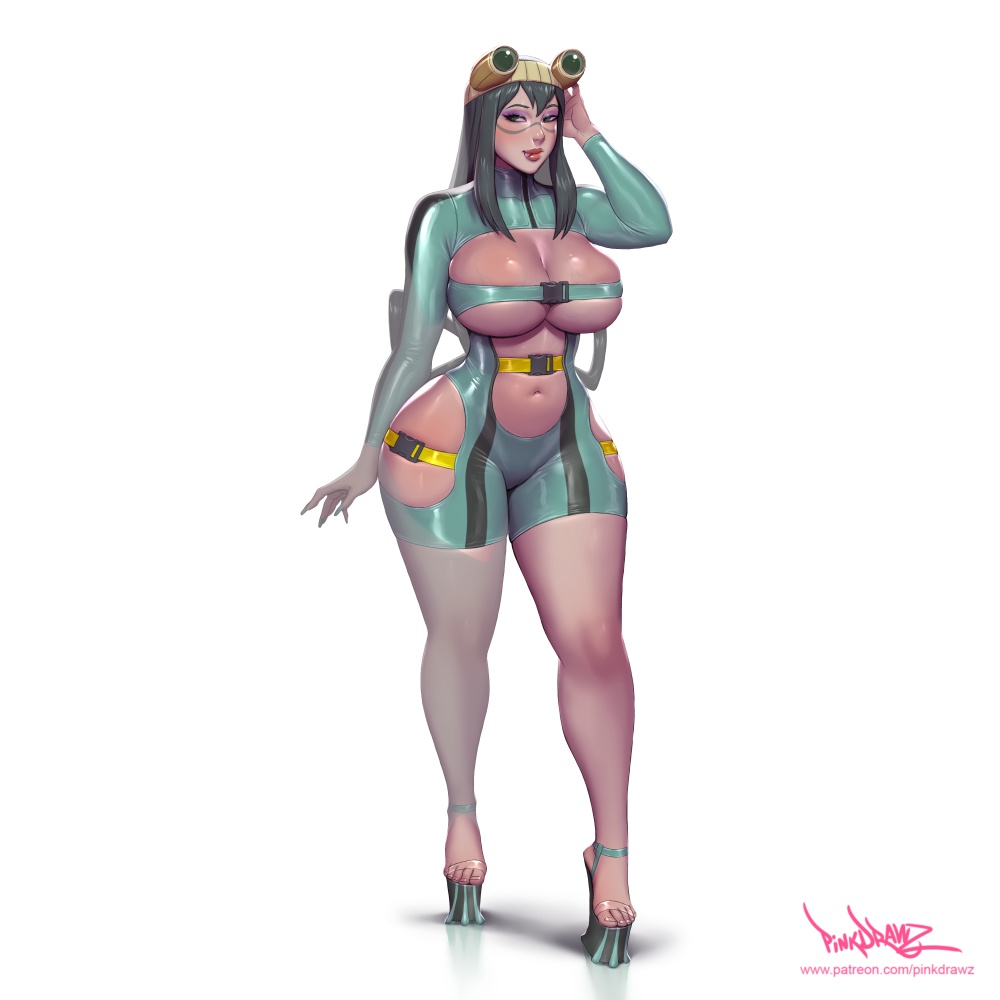 1girl asui_tsuyu belt bodysuit boku_no_hero_academia breasts cleavage_cutout clothing_cutout eyeshadow frog_girl green_bodysuit green_eyes green_hair hair_rings hip_vent large_breasts long_hair looking_at_viewer low-tied_long_hair makeup navel pink_eyeshadow pinkdrawz platform_sandals red_lips sandals stomach_cutout tongue tongue_out