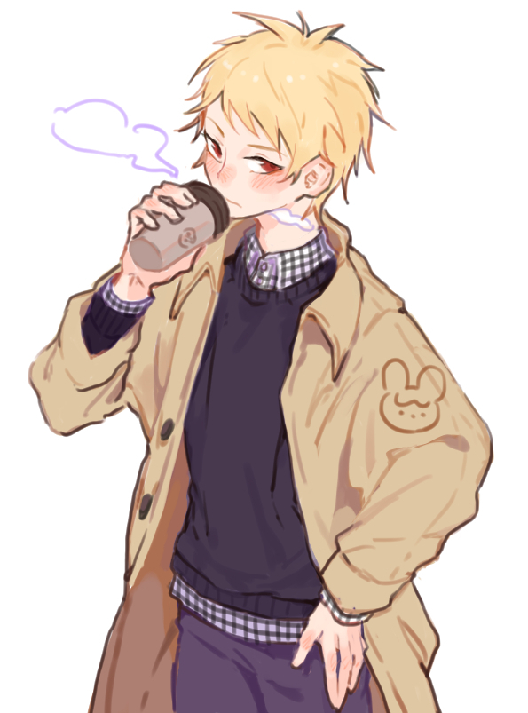 1boy atou_haruki black_pants black_sweater blonde_hair blush brown_coat closed_mouth coat collared_shirt cowboy_shot cup disposable_coffee_cup disposable_cup hand_on_own_hip jacket male_focus meniusa_lau open_clothes open_jacket pants red_eyes saibou_shinkyoku shirt short_hair simple_background solo sweater white_background white_shirt