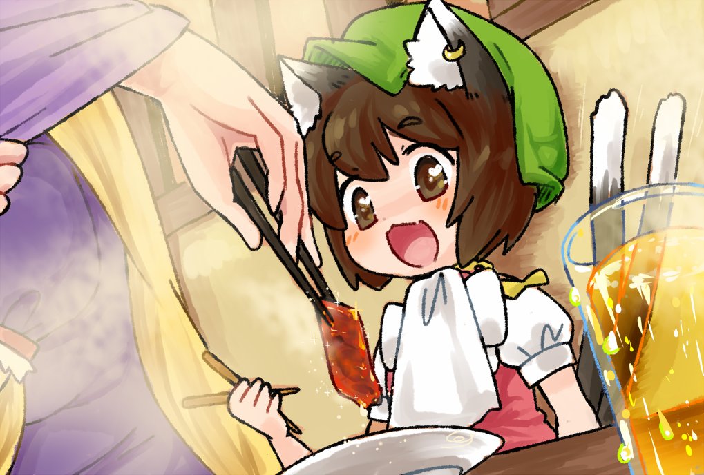 3girls :d animal_ear_fluff animal_ears bib blonde_hair blush brown_eyes brown_hair cat_ears cat_tail chen chopsticks commentary_request cup dress drink earrings food_request happy hat jewelry long_hair mob_cap multiple_girls nekomata open_mouth plate pmx purple_dress short_hair single_earring sitting smile solo_focus tail touhou yakumo_ran yakumo_yukari