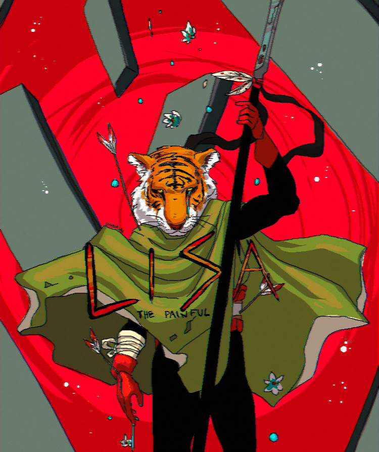 1girl arrow_(projectile) arrow_in_body bleeding blood cloak feathers flower gloves green_cloak holding holding_polearm holding_weapon lisa_(series) lisa_the_joyful lisa_the_painful mask polearm red_background red_gloves shanasae solo spear teardrop tiger_man_(lisa) tiger_mask_(object) weapon