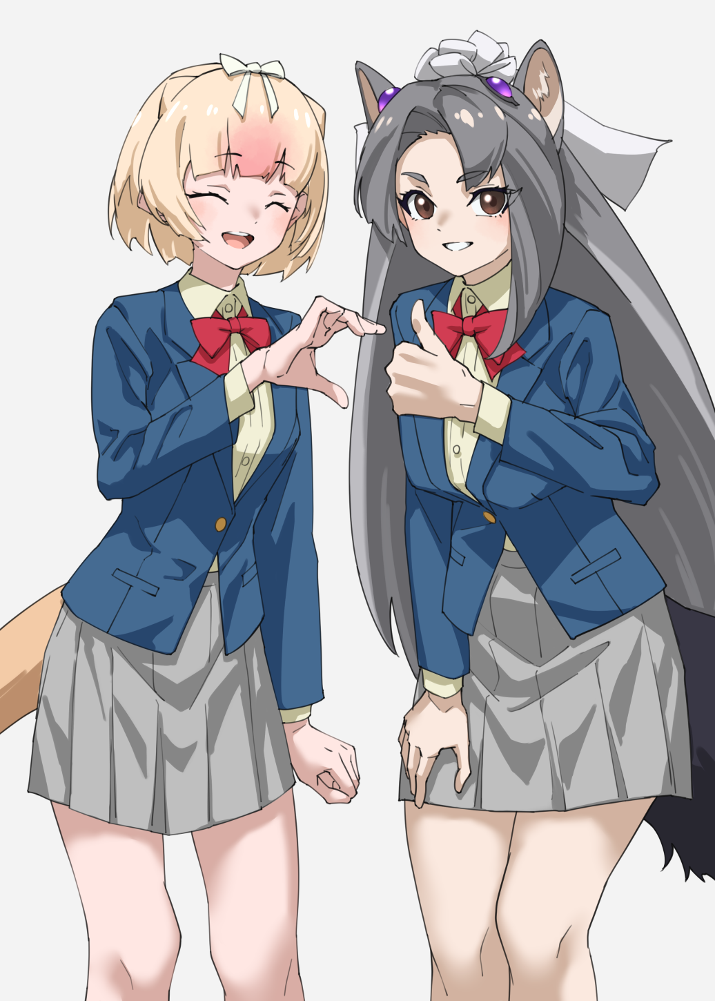 2girls :d ^_^ animal_ear_fluff animal_ears anteater_ears anteater_tail blonde_hair blue_jacket bow bowtie brown_eyes closed_eyes collared_shirt commentary cowboy_shot giant_anteater_(kemono_friends) grey_background grey_hair grey_skirt hair_bow heart_hands_failure highres jacket kemono_friends kemono_friends_3 long_hair long_sleeves looking_at_viewer matching_outfits miniskirt multicolored_hair multiple_girls official_alternate_costume open_mouth parted_lips pink_hair pleated_skirt red_bow red_bowtie school_uniform shirt short_hair sidelocks silky_anteater_(kemono_friends) simple_background skirt smile tanabe_(fueisei) white_bow white_shirt