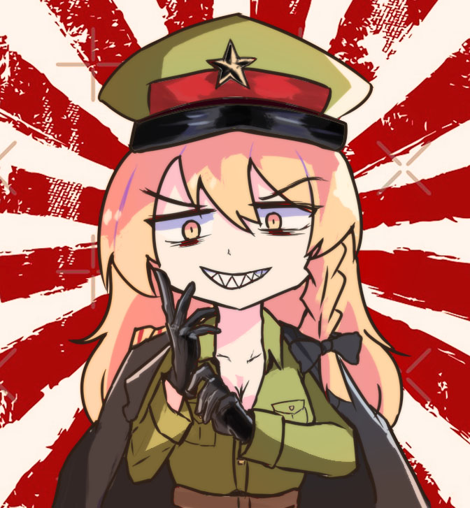 1girl adjusting_clothes adjusting_gloves bags_under_eyes belt black_bow black_coat black_gloves blonde_hair bow braid breasts brown_belt cleavage coat coat_on_shoulders commentary cookie_(touhou) gloves green_hat green_jacket grey_background grin hair_between_eyes hat hat_ornament jacket kirisame_marisa long_hair looking_at_viewer mikami_makoto military military_uniform mukenkairou peaked_cap red_background sharp_teeth side_braid single_braid smile solo star_(symbol) star_hat_ornament sunburst sunburst_background teeth touhou upper_body yellow_eyes