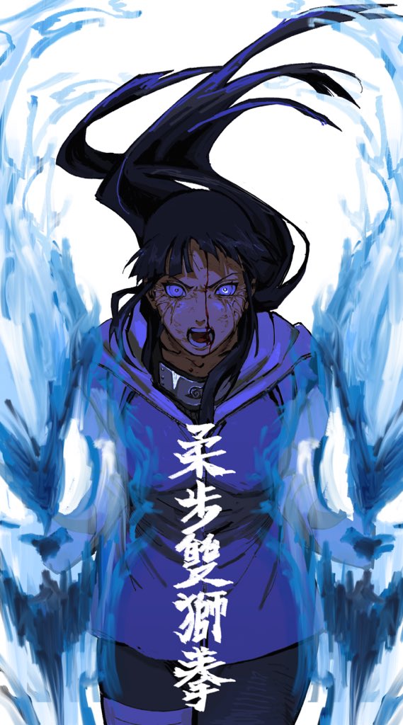 1girl aura black_hair black_pants bleeding blood blood_on_face breasts cowboy_shot fighting_stance floating_hair forehead_protector glowing hair_floating_upwards headband_around_neck hood hood_down hooded_jacket hyuuga_hinata injury jacket konohagakure_symbol long_hair long_sleeves looking_at_viewer medium_breasts naruto_(series) naruto_shippuuden open_mouth pants simple_background solo umkaqryi veins white_background