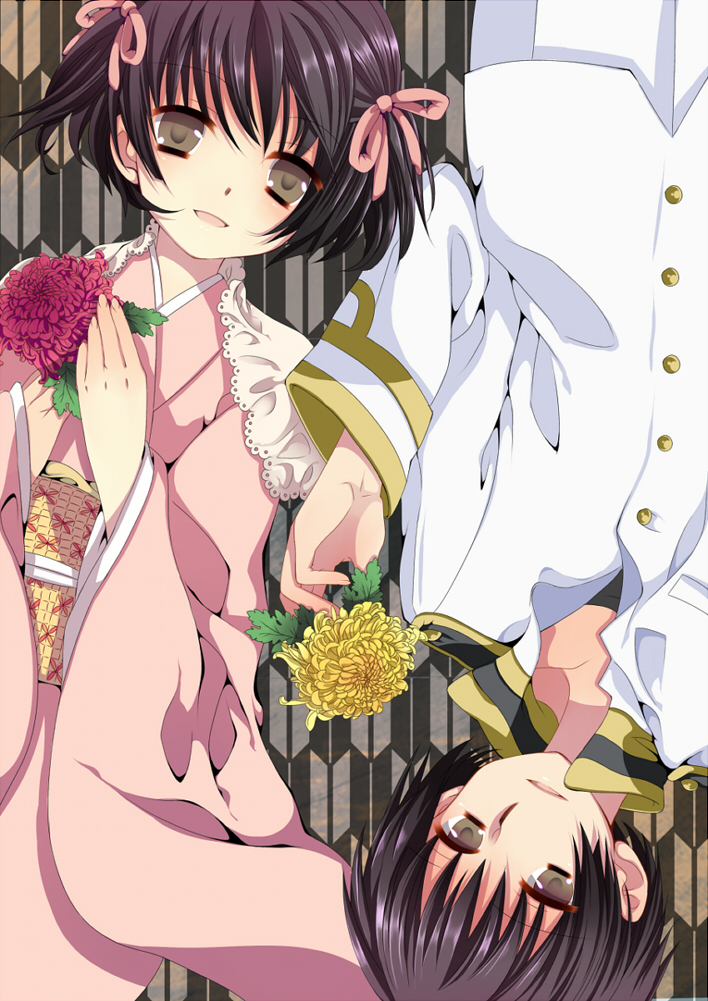 1boy 1girl axis_powers_hetalia black_eyes black_hair chrysanthemum dual_persona flower gender_request genderswap hair_ribbon holding japan_(hetalia) japanese_clothes kimono neko_(natsuiroclassic) ribbon short_hair uniform