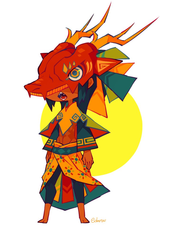 1boy black_hair capelet dark-skinned_male dark_skin dragon_mask edarow fangs full_body long_hair male_focus original skirt solo standing yellow_background yellow_capelet yellow_skirt
