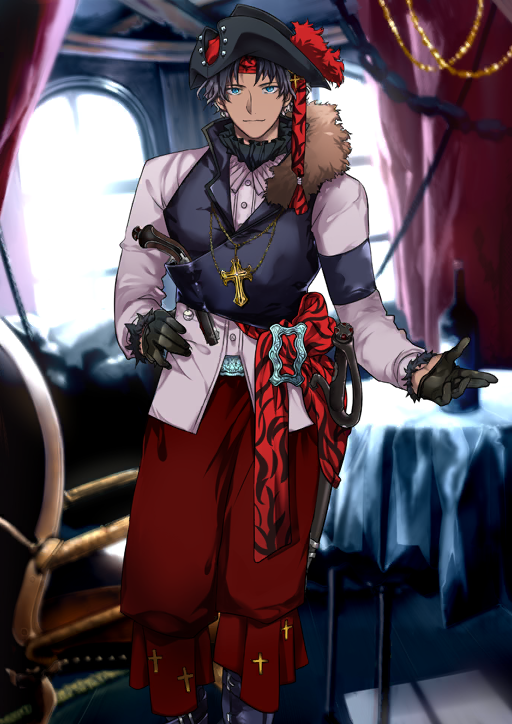 1boy antique_firearm azuazuazu19 bartholomew_roberts_(fate) black_boots black_gloves black_hair black_hat black_vest blue_eyes boots buttons chain chain_bracelet cross cross_necklace dark-skinned_male dark_skin fate/grand_order fate_(series) feet_out_of_frame firearm fur-trimmed_sleeves fur_trim game_cg gloves gun half_gloves hand_on_own_hip hand_up hat headband jewelry lapels latin_cross long_sleeves looking_at_viewer male_focus necklace notched_lapels official_art pants pink_shirt red_headband red_pants red_sash sash sheath sheathed shirt short_hair silver_belt smile solo standing sword third-party_source variant_set vest weapon
