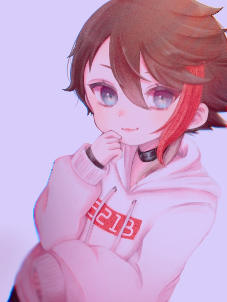 1boy :3 drawstring girly_boy hood hood_down hoodie long_sleeves looking_at_viewer male_focus mi_oxo_9m multicolored_hair nijisanji saegusa_akina simple_background smile solo streaked_hair virtual_youtuber white_background white_hoodie