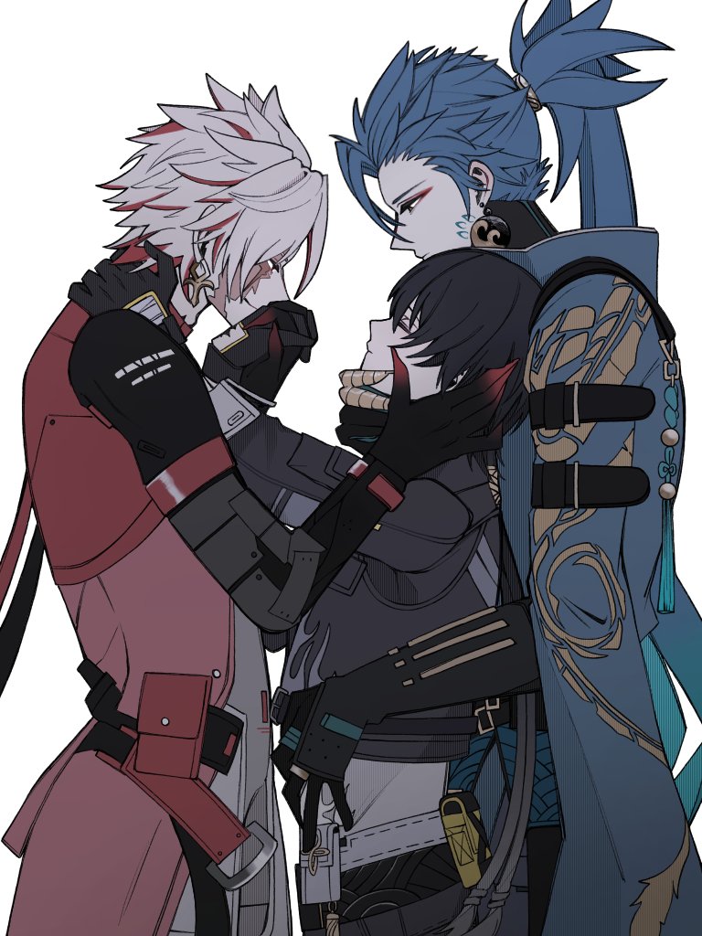 0nsen 3boys belt black_bodysuit black_gloves black_hair black_hands black_jacket black_pants blue_hair blue_jacket bodysuit boy_sandwich claws closed_eyes closed_mouth coat colored_extremities commentary_request earrings eyeshadow gloves grey_bodysuit grey_eyes grey_hair grey_shirt hair_between_eyes hair_ornament hand_on_another&#039;s_chin hand_on_another&#039;s_face hands_up holding holding_hands jacket jewelry jiyan_(wuthering_waves) kiss kissing_hand long_hair long_sleeves looking_at_another love_triangle makeup male_focus male_rover_(wuthering_waves) multicolored_hair multiple_boys open_clothes open_coat pants pocket ponytail red_belt red_coat red_eyes red_eyeshadow red_hair rover_(wuthering_waves) sandwiched scar scar_(wuthering_waves) scar_across_eye scar_on_face shirt short_hair simple_background smile standing sword_earrings t-shirt two-tone_hair white_background wuthering_waves yaoi