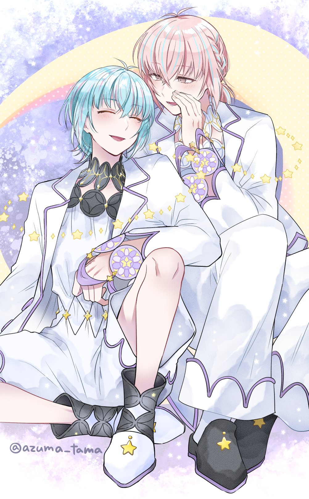 2boys :d ^_^ androgynous antenna_hair bishounen black_footwear blue_background blue_hair blush boots braid brothers closed_eyes coat crescent_moon fragaria_memories hair_between_eyes highres jumpsuit klarkstella_(fragaria_memories) knee_up lapels looking_at_another louterstella_(fragaria_memories) male_focus moon multicolored_hair multiple_boys norarikurari333 notched_lapels open_clothes open_coat open_mouth pink_hair ponytail purple_eyes purple_trim short_hair short_jumpsuit short_ponytail siblings sidelocks sitting smile star_(symbol) star_symbol_background streaked_hair twitter_username whispering white_background white_coat white_jumpsuit