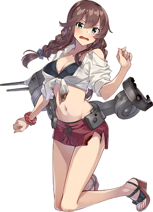 1girl ball bikini black_bikini braid breasts brown_hair collared_shirt front-tie_top full_body green_eyes jewelry kantai_collection kneeling konishi_(koconatu) large_breasts long_hair looking_at_viewer machinery midriff navel noshiro_(kancolle) noshiro_(swimsuit)_(kancolle) official_art open_collar red_shorts sandals scrunchie ship_turret shirt shorts swept_bangs swimsuit third-party_source tied_shirt transparent_background twin_braids white_shirt