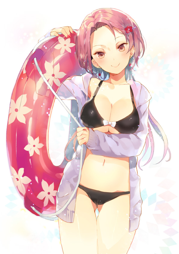 1girl arm_up bikini black_bikini blush breasts brown_eyes cardigan cleavage collarbone cowboy_shot earrings female_focus flower gluteal_fold hair_flower hair_ornament holding ikeya innertube jewelry large_breasts long_hair long_sleeves looking_at_viewer nail_polish navel open_cardigan open_clothes original pink_hair red_nails short_hair sleeves_past_wrists smile solo standing swim_ring swimsuit white_background