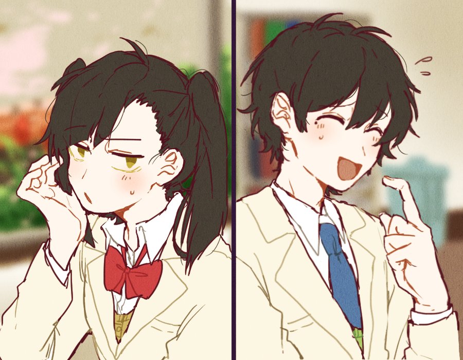 1boy 1girl :d ^_^ asymmetrical_bangs black_hair blazer blue_necktie blurry blurry_background bow bowtie breast_pocket closed_eyes collared_shirt commentary enomoto_takane facing_to_the_side flying_sweatdrops green_sweater_vest hair_between_eyes index_finger_raised jacket jitome kagerou_project kokonose_haruka long_sleeves looking_away medium_hair mokemoke_chan mole mole_under_eye necktie open_mouth parted_lips pocket pointing pointing_at_self red_bow red_bowtie school_uniform shirt short_hair smile split_screen sweater_vest twintails unamused upper_body white_jacket white_shirt yellow_eyes yellow_sweater_vest