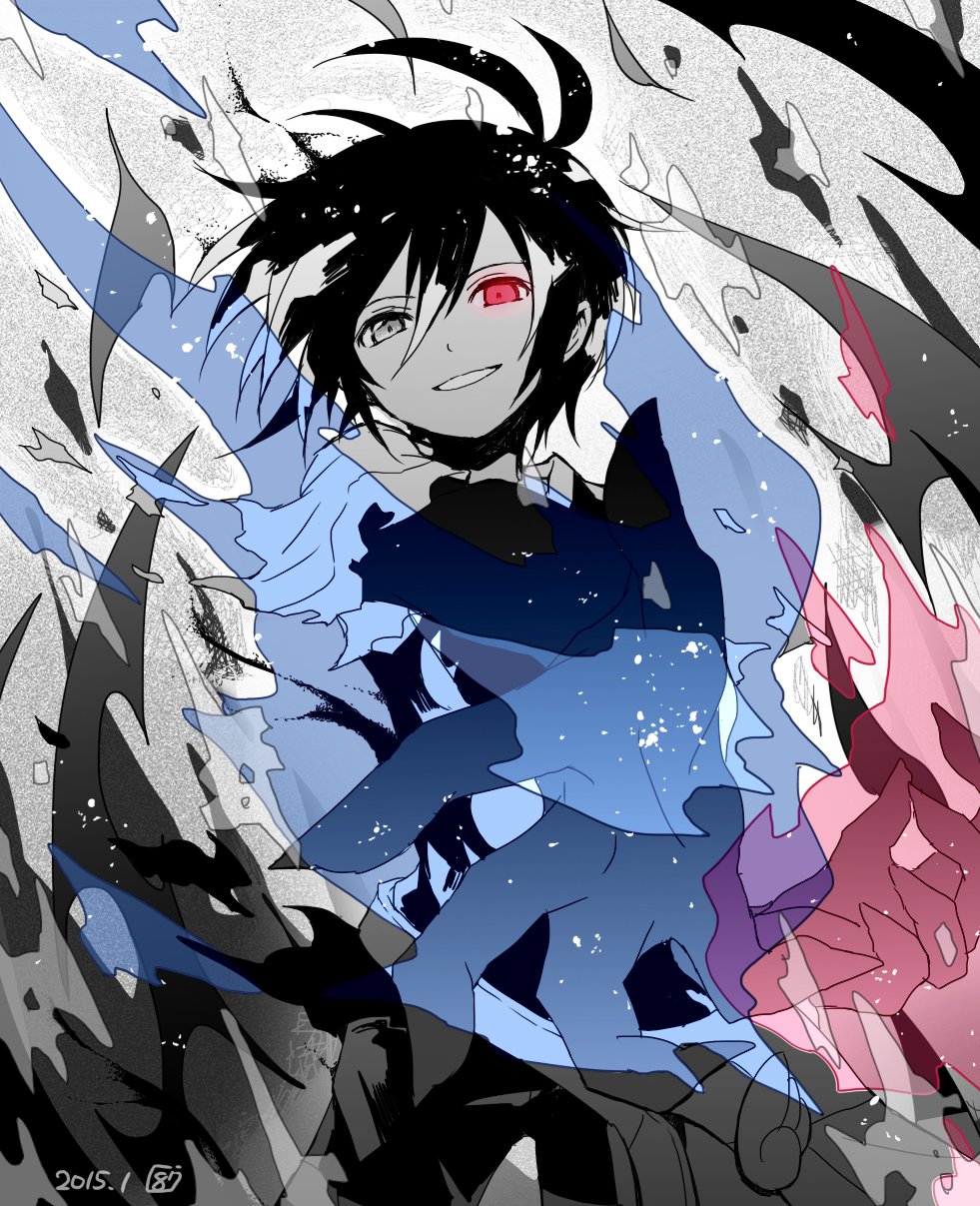 1boy black_sig claws feet_out_of_frame hair_between_eyes hana_(mew) heterochromia highres long_sleeves looking_at_viewer male_focus pants parted_lips puyopuyo puyopuyo_fever red_eyes shirt short_hair sig_(puyopuyo) signature solo spot_color torn_clothes torn_shirt