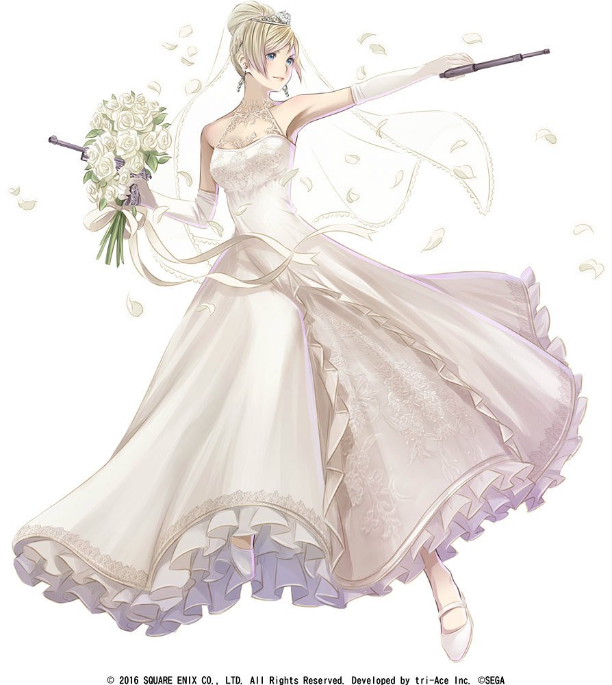 1girl armpits artist_request bare_shoulders blonde_hair blue_eyes bouquet breasts company_connection copyright_name dress dual_wielding earrings elbow_gloves end_of_eternity female_focus flower full_body gloves gun handgun holding holding_weapon jewelry medium_breasts official_art petals reanbell simple_background smile solo tiara veil weapon wedding_dress white_background white_dress white_gloves