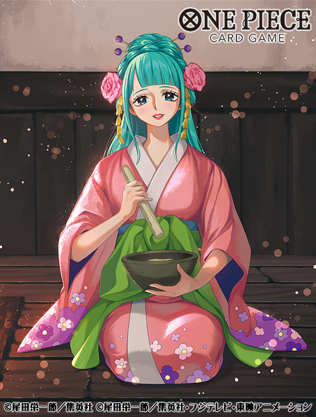 1girl aqua_hair blue_eyes blunt_bangs bowl commentary_request copyright_name ekusiun eyelashes floral_print floral_print_kimono flower full_body green_sash hair_bun hair_flower hair_ornament half_updo holding holding_bowl japanese_clothes kimono kouzuki_hiyori long_hair looking_at_viewer obi official_art one_piece one_piece_card_game pink_kimono print_kimono sash seiza sidelocks sitting smile solo wide_sleeves